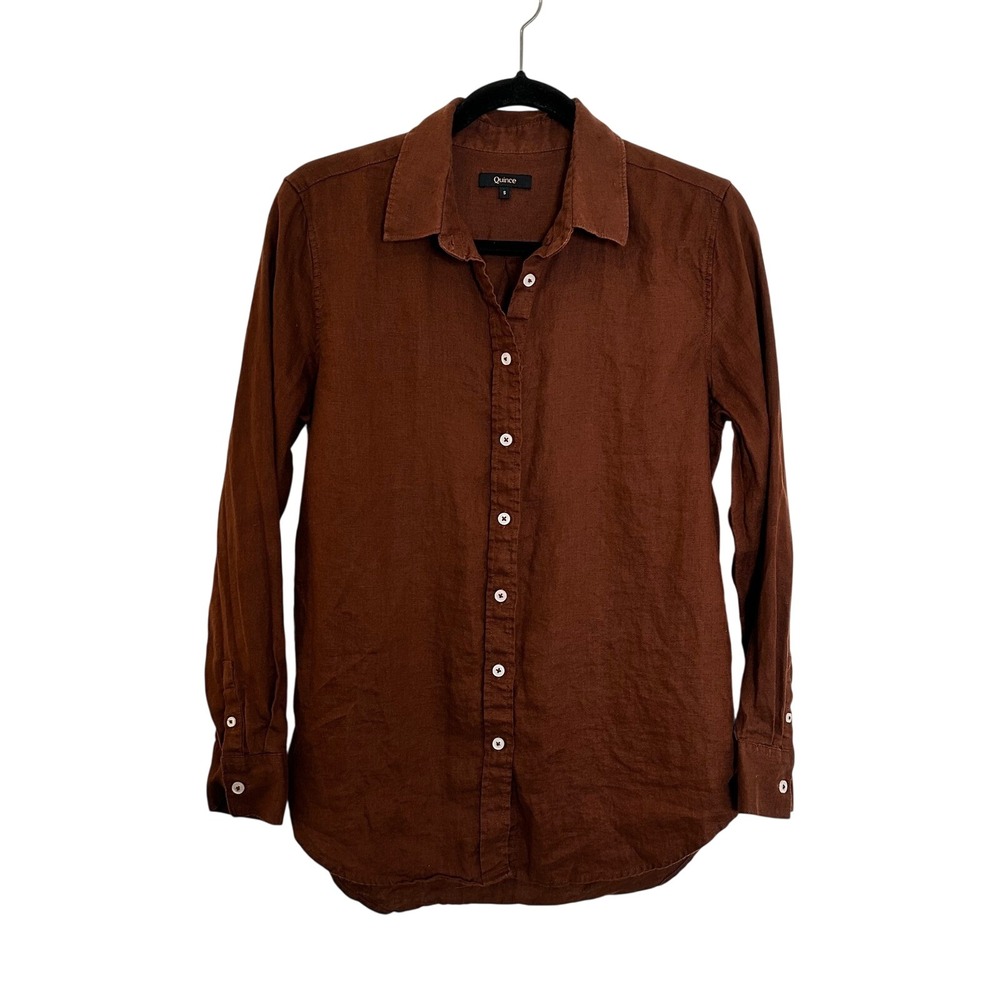 Quince European Linen Button Down Shirt Size S Chocolate Brown Long Sleeve